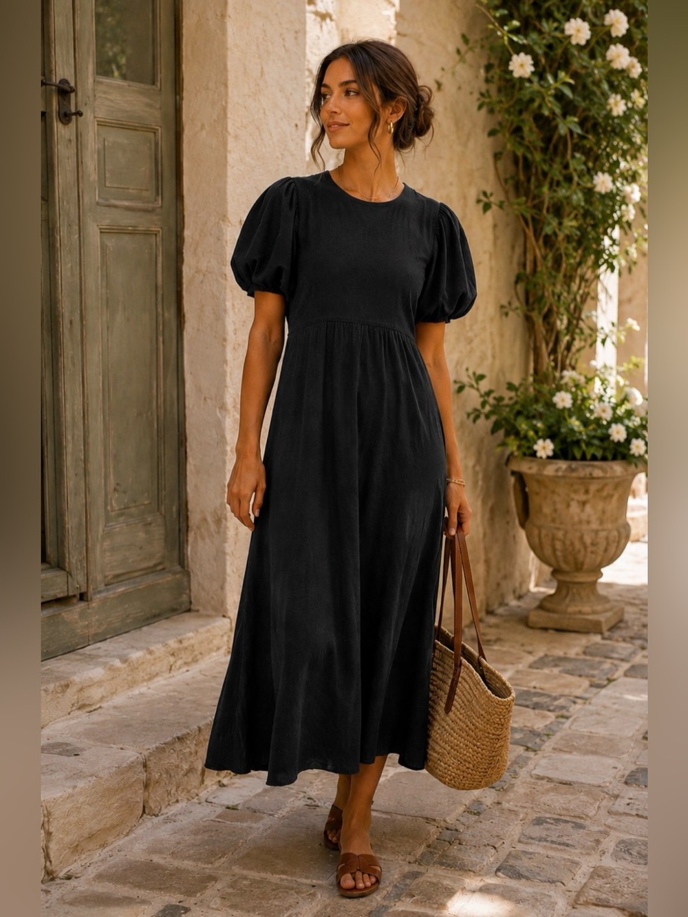 * FP Beach  Black Puff Sleeve Maxi Dress Quiet Luxury Cottagecore